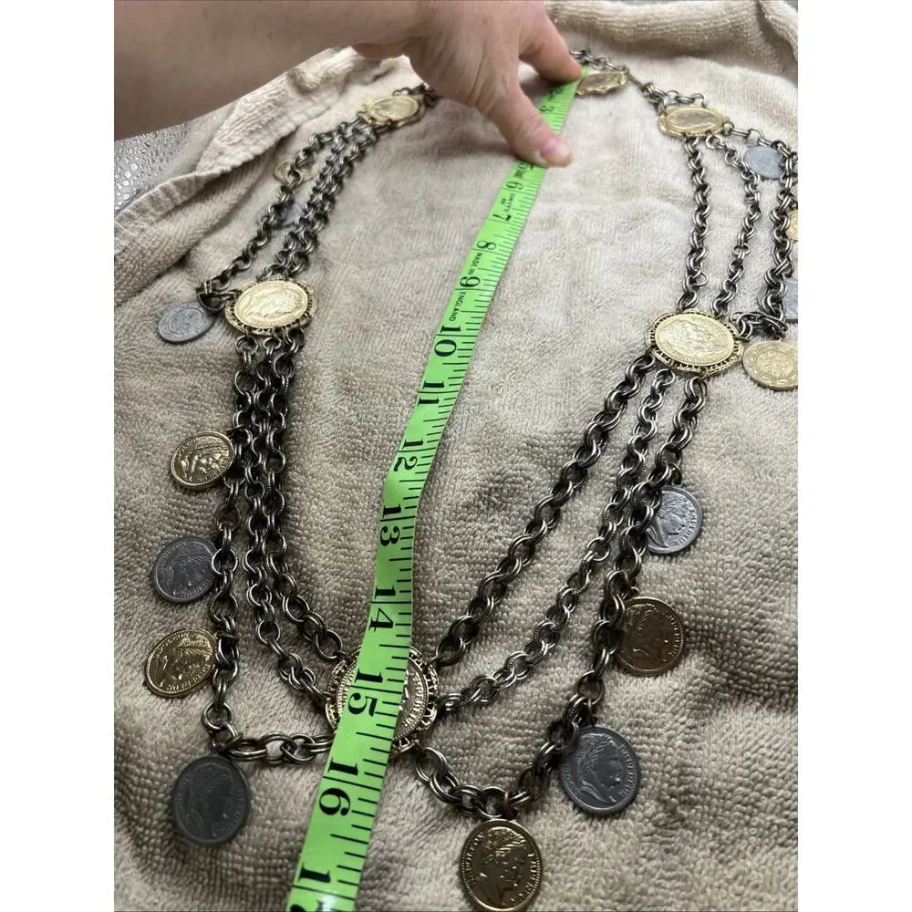 Vtg 1960s Napoleon III Coin Festoon Necklace Multi Strand Revival Runway Piece